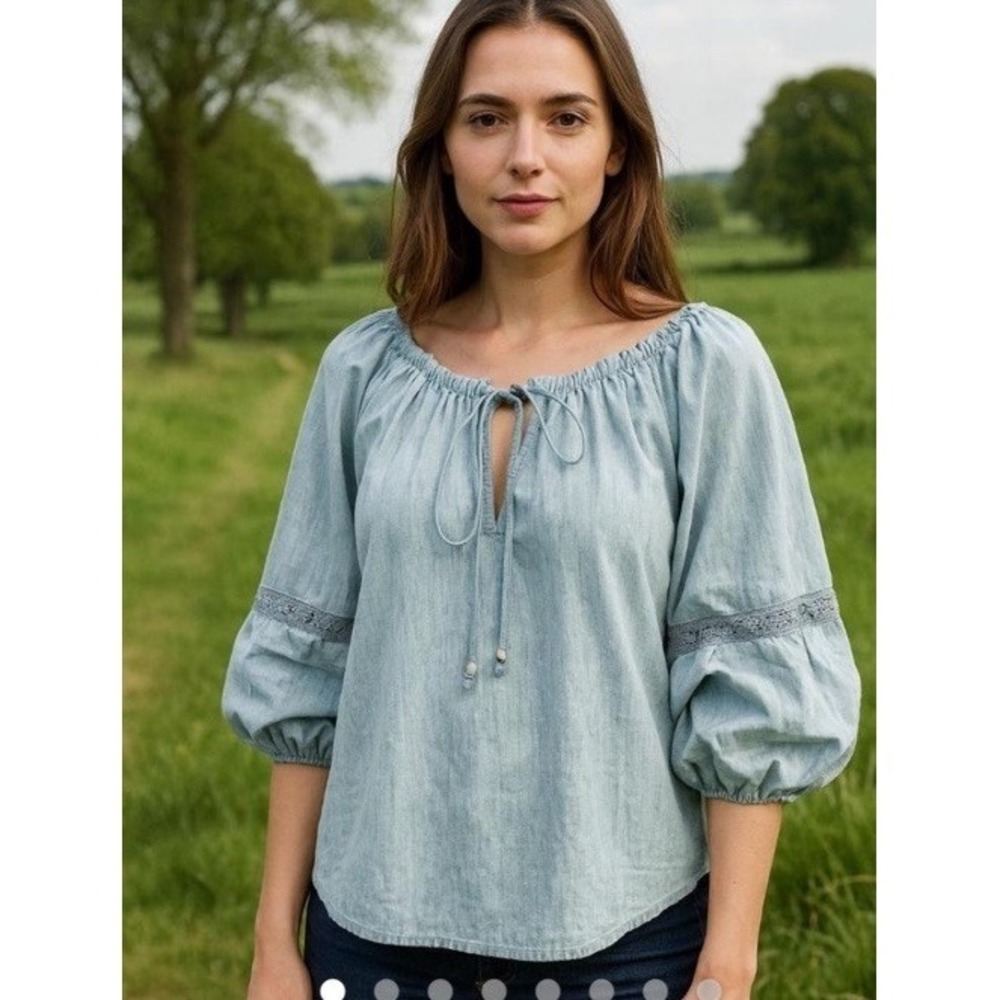 Lauren Ralph Black Lauren Large L Lace-Trim Chambray Blue boho farm Blouse Top